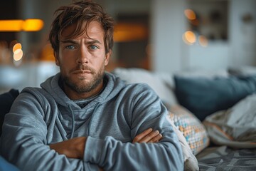 Young man with stomach pain on couch at home holding belly feeling hurt with gastritis or diarrhea symptoms