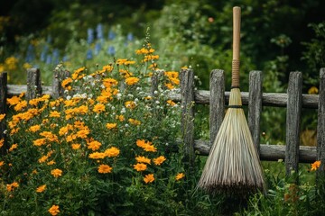 A traditional broom leaning against a wooden fence in a garden filled with vibrant yellow and white flowers.