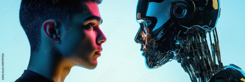 Fototapete a human interacts with a digital mirror that displays a lifelike robot reflection, highlighting tech