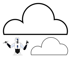 Robot gesturing beneath large and small cloud outlines. Ideal for cloud computing, AI, innovation, technology integration, digital workflow, futuristic concepts, presentations. Line metaphor