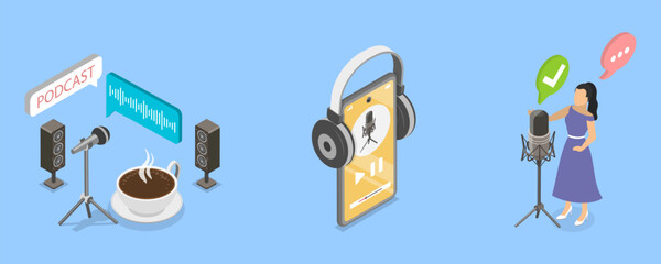 3D Isometric Flat Vector Illustration of Podcast Scenes Set, Broadcasting, Online radio and Audio Streaming