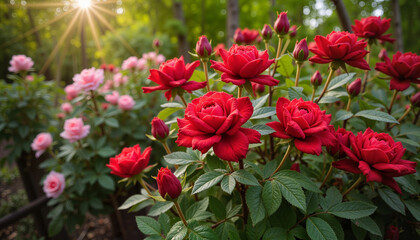 Vibrant red roses blooming in sunlit garden