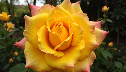 Vibrant yellow rose blooming in garden close-up