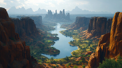 deep canyon with a serene blue river flowing gently between rugged rocky cliffs, showcasing the raw beauty of untouched nature and the power of water to carve landscapes over time