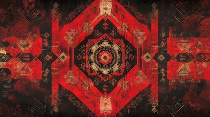 Dramatic and enigmatic red geometric abstract featuring intricate patterns ornaments and a shield like design The digital artwork showcases a modern creative