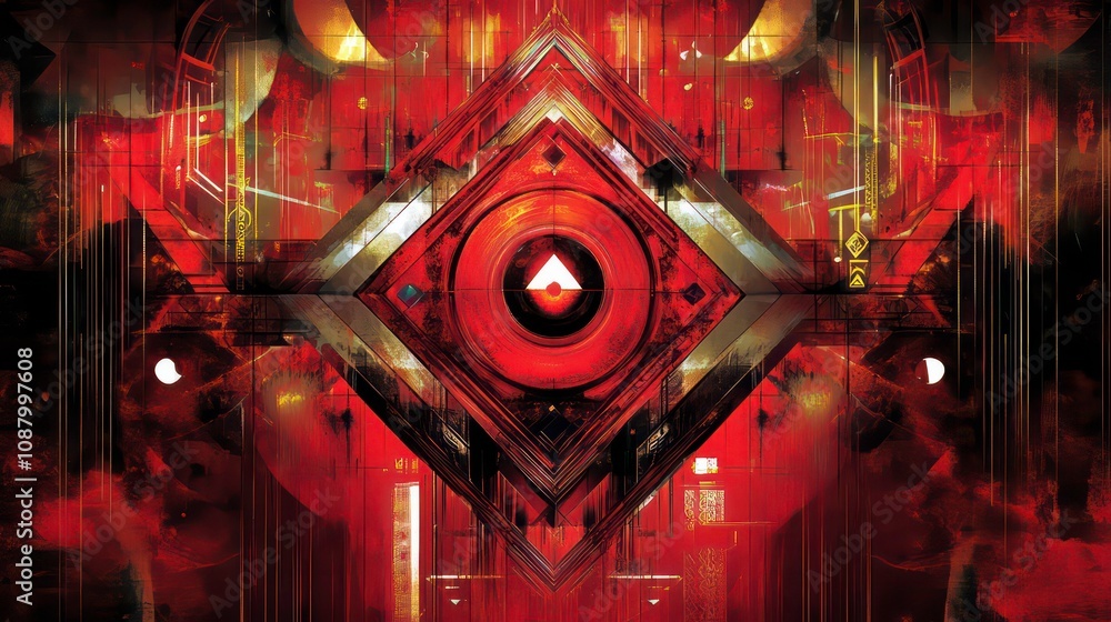 Poster dramatic and enigmatic red geometric abstract featuring intricate patterns ornaments and a shield li