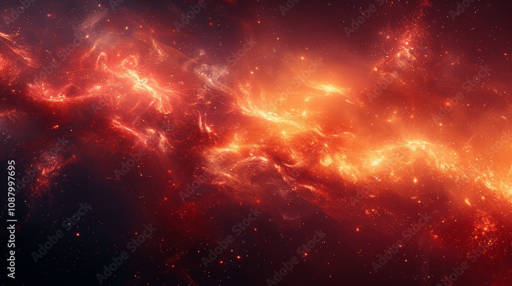 Aufkleber red galaxy nebula with golden glitters and dust particles in abstract liquid art