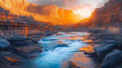 Fototapeta premium deep canyon with a serene blue river flowing gently between rugged rocky cliffs, showcasing the raw beauty of untouched nature and the power of water to carve landscapes over time