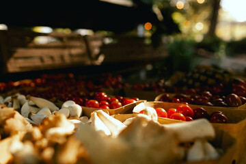 Fresh vegetables at small local urban market. Organic produce on sale at outdoor farmer market. Selling fresh crops and veggies harvest. European urban setting. Close up. Part of the series