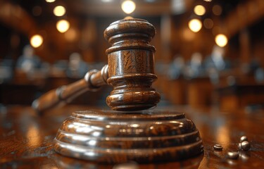 Wooden gavel on courtroom table with judge and people in blurred background, symbol of law, justice, and legal proceedings