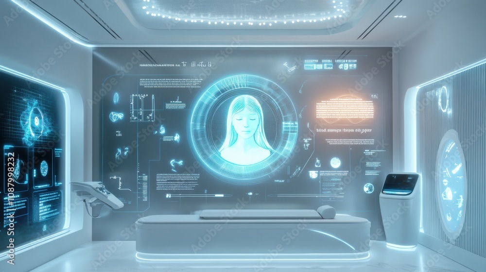 Poster a futuristic salon features an interactive mirror that analyzes hair health, providing personalized 