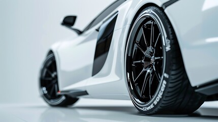 A close-up view of a sleek white sports car showcasing its stylish wheels and tires.