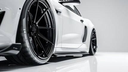 A close-up view of a sleek, modern car showcasing its stylish black wheels and low profile on a reflective surface.