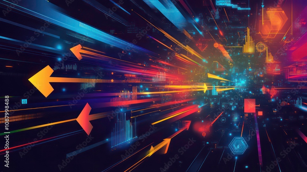 Poster dive into the future with a dynamic arrow chart, illustrating digital transformation. futuristic tec