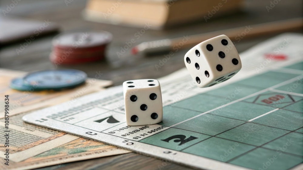 Poster rolling dice two dice being rolled on a table illustrating the element of chance and unpredictabilit