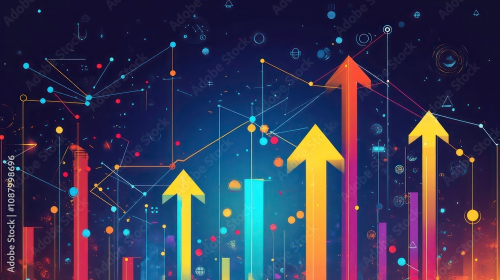 Poster abstract background of colorful arrows and lines pointing upwards on dark blue background representi