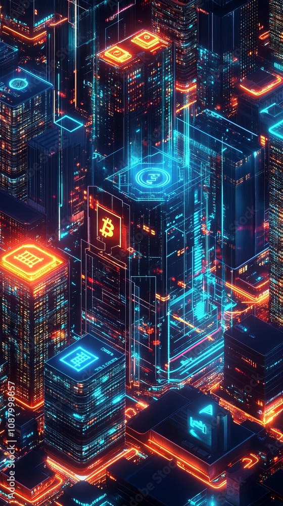 Poster cyberpunk-inspired blockchain cityscape featuring smart contracts urban environment digital technolo