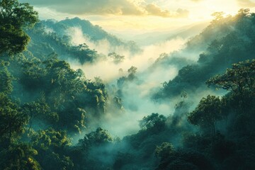 Fototapeta premium A breathtaking view of a lush, misty rainforest at sunrise, with layers of green foliage and clouds reaching towards the golden sky.