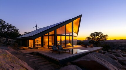 Obraz premium Off-grid cabin in mountainous terrain, sustainable architecture with wind and solar power, eco-friendly materials, blending with the natural landscape