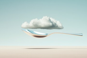 Floating Spoon Balances Beneath Surreal Cloud Against Minimalist Backdrop