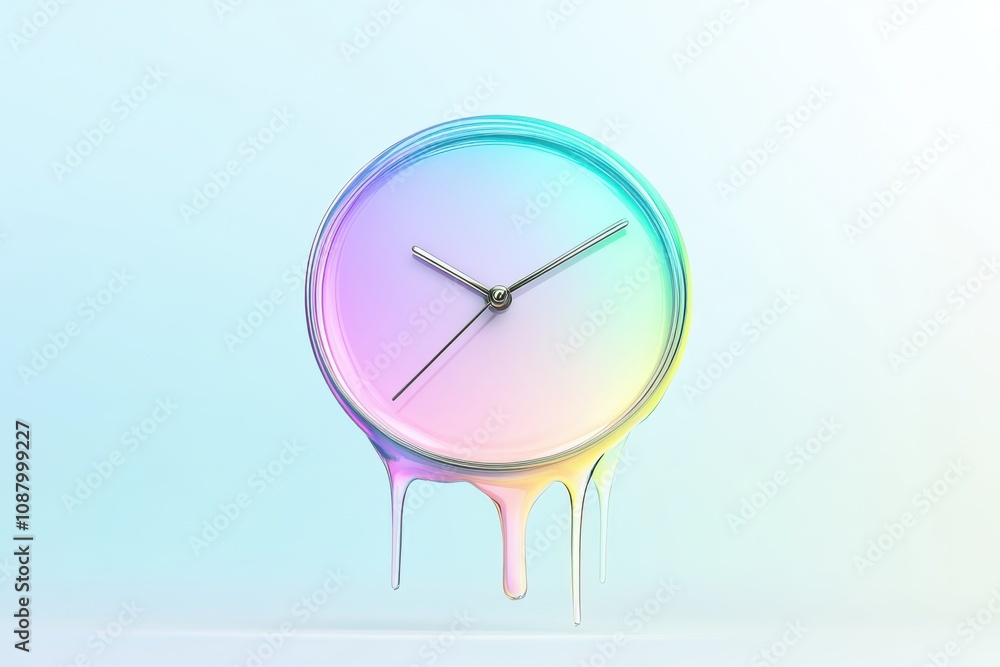 Poster surreal melting clock with rainbow gradient on minimalist background