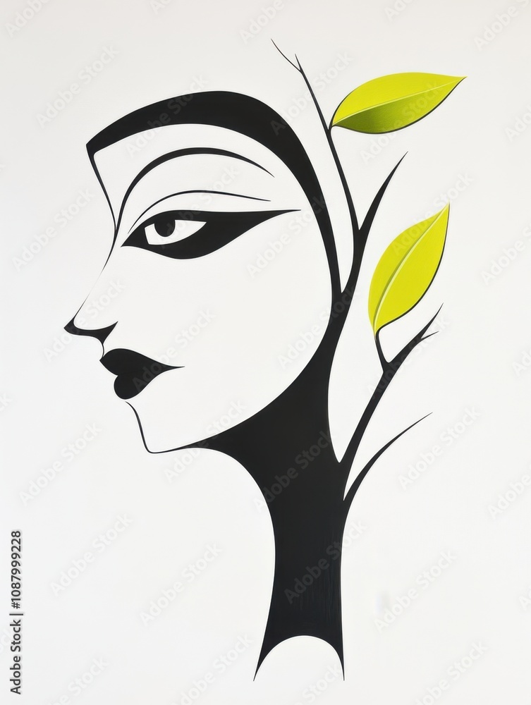 Aufkleber modern abstract art of a minimalistic face with tree elements and bold lines