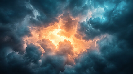 dramatic sky with dark storm clouds, partially illuminated by a bright light breaking through the cloud cover, creating a contrasting atmosphere of tension, hope, and the power of nature
