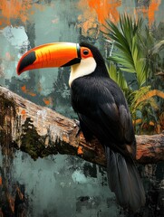 Naklejka premium A toucan with a large orange beak sits on a branch with a blurry background of green leaves and orange and blue paint splatters.