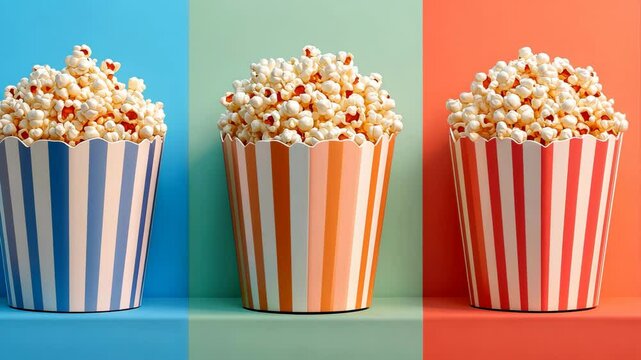 Three popcorn boxes with different colors and stripes. The boxes are placed on a table. The boxes are arranged in a row, with the middle box being the tallest