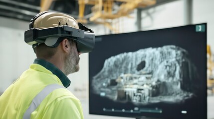 A construction worker wearing a VR headset, looking at a 3D model of a building on a large screen.