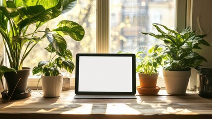 Digital tablet mockup with a blank screen on a rustic wooden table by a sunlit window with indoor plants, perfect for technology, remote work, and home office concepts