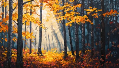 Fototapeta premium Sunlight streams through the trees in a dense autumn forest, illuminating the golden leaves on the ground.
