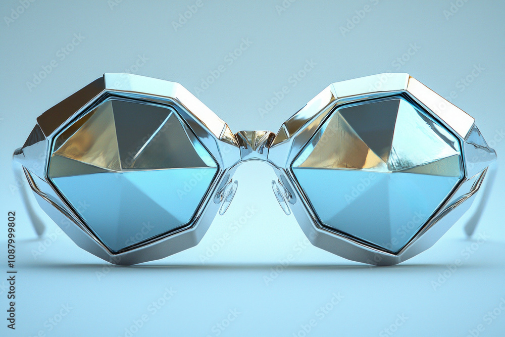 Poster these eyeglasses feature unique angular frames and bold metallic colors reflecting light innovative 
