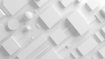 A minimalist arrangement of white geometric shapes and forms creating a clean, modern aesthetic.