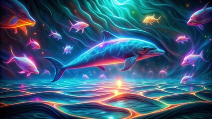 Obraz premium The background depicts an underwater scene with dynamic light effects and a rich array of colors predominantly in shades of blue, purple, and pink, giving it a magical or fantastical feel.