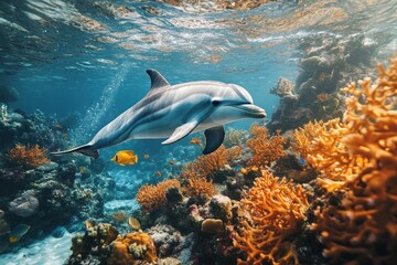 Naklejka premium A dolphin swims through a vibrant coral reef, with sunlight filtering through the clear water.