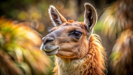 The image features a llama with long hair, predominantly in shades of brown and white.