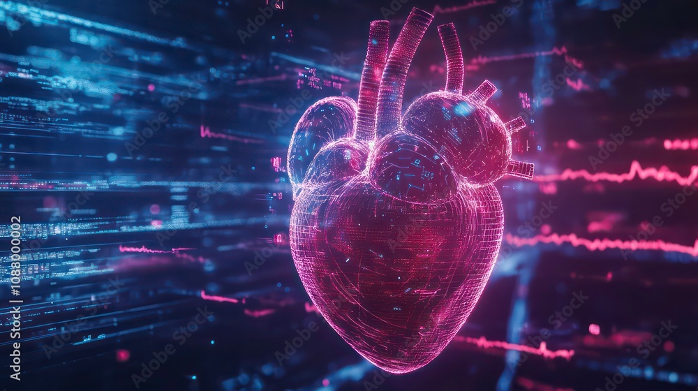 Poster a glowing, digital heart surrounded by data and binary code in a dark blue background.