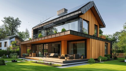Obraz premium Modern wooden house with solar panels and green lawn, eco-friendly architecture with renewable energy system
