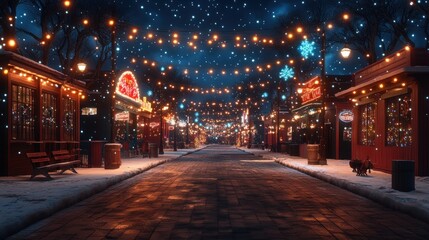 A festive street scene illuminated by lights and snowflakes.