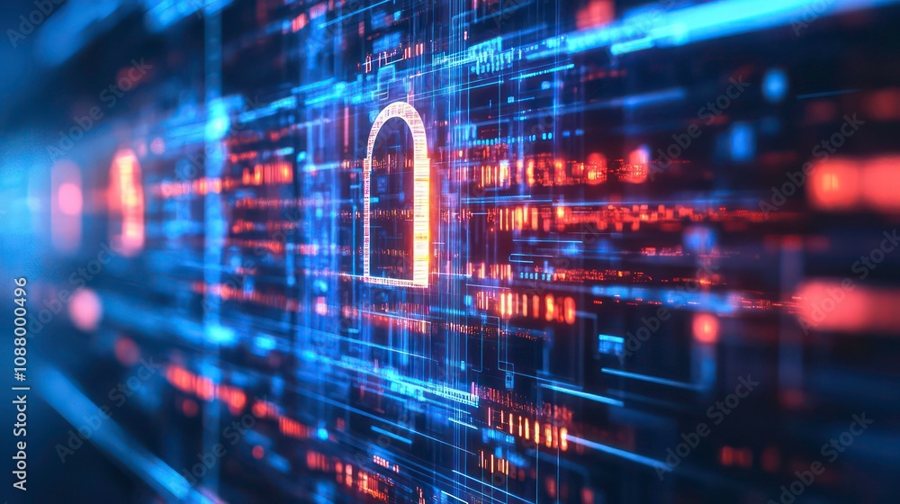 Poster abstract digital background with a glowing padlock symbol, representing cybersecurity and data prote
