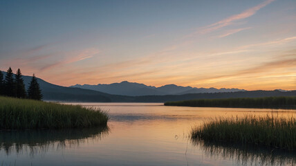 Tranquil Sunset Over a Mountain Lake