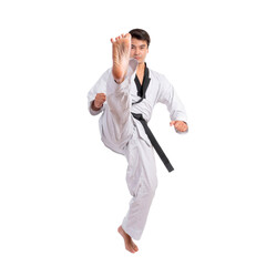 Taekwondo high kick - black belt  taekwondo athlete martial arts master , handsome man show high kick pose during fighter training isolated on a transparent png background © suphaporn