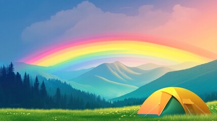 A single tent sits in a grassy field with a rainbow arching over a mountain range in the distance.