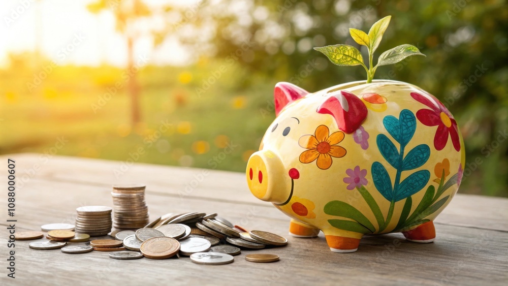 Poster piggy bank a colorful piggy bank filled with coins sitting on a table symbolizing saving for retirem