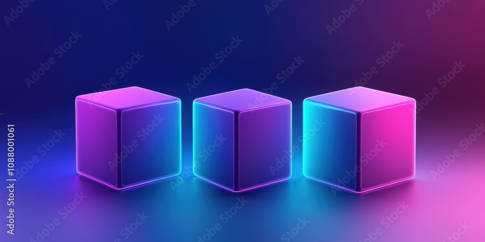 Poster neon cubes in futuristic ambient light with glowing aura and gradient background