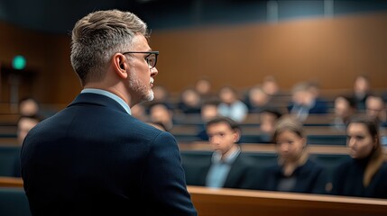 Education literacy collaboration concept. A man in formal attire addresses an audience in a courtroom setting, conveying authority and engagement in a legal discussion.