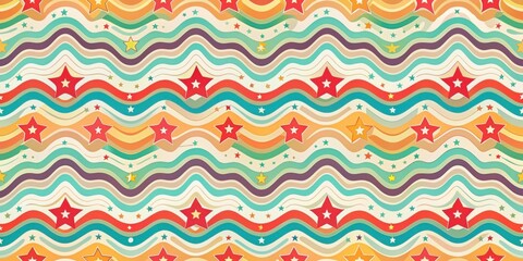 Seamless retro pattern with colorful waves and scattered stars, retro, seamless, pattern, colorful, abstract, waves, stars, vintage