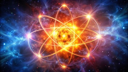 Obraz premium Blazing atomic structure on space background for atomic science, energy, and physics topics , atomic structure, colorful