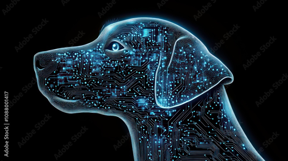 Poster detailed neural network of a dog brain showing big data and a circuit board in the head of a blue do